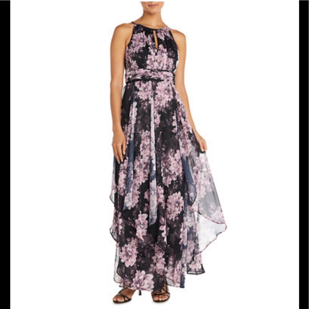 NWT,R&M Richards
Women's Halter Ruched Waist 7 Veil Dress,,black/blush
